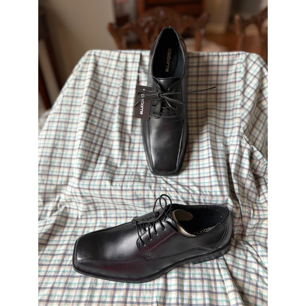 Claiborne Mens Black Leather Square Toe Dress Shoes Oxford 014-9016 9.5 M NWT